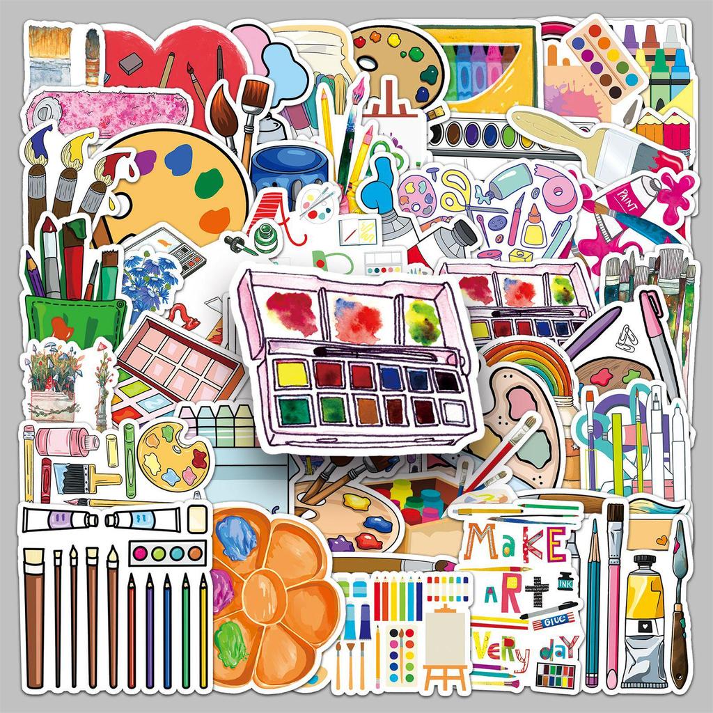 50 Cartoon Drawing Tool Stickers for Journals - Creative, Waterproof, Decorative Stationery