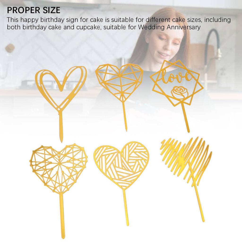 6Pcs Cake Topper Decorations Gold Heart Shaped for Cupcake Birthday Party Celebration Wedding Anniversary