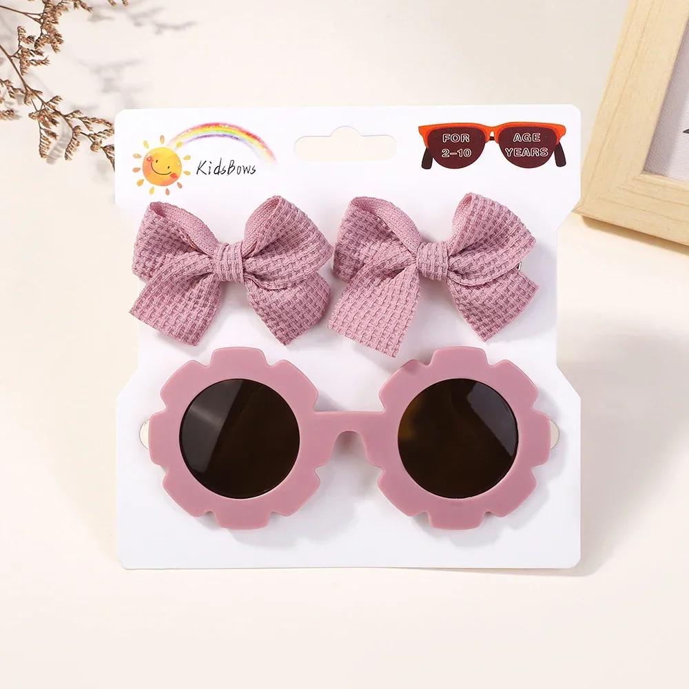 1Set Children Headwear Glasses Solid Soft Bowknot Head Bands Girls Lace Barrette Retro Headbands Sunglasses Kids Hair Band Sets