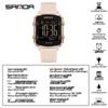 Sanda Dual Time Waterproof Transparent Sports Wristwatch with Colorful Single Display and Student Timer Function