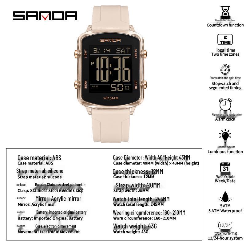 Sanda Dual Time Waterproof Transparent Sports Wristwatch with Colorful Single Display and Student Timer Function