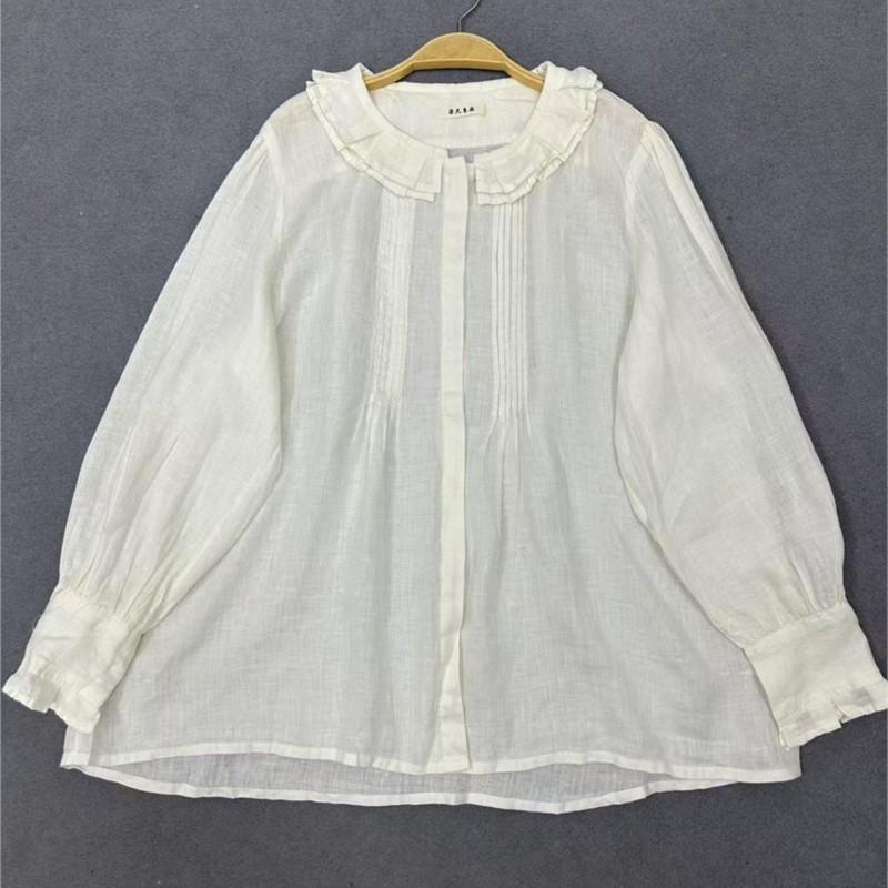 Johnature Autumn Round Neck Single Button Loose Long Sleeve Shirt Solid Color Pleated Casual Shirt For Women