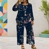 Women Plus Size Round Neck Long Sleeve Floral Printed Layered Top Wide Leg Cropped Pants Two Piece Set
