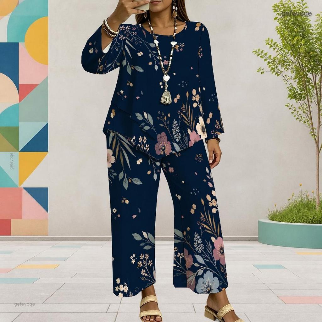 Women Plus Size Round Neck Long Sleeve Floral Printed Layered Top Wide Leg Cropped Pants Two Piece Set