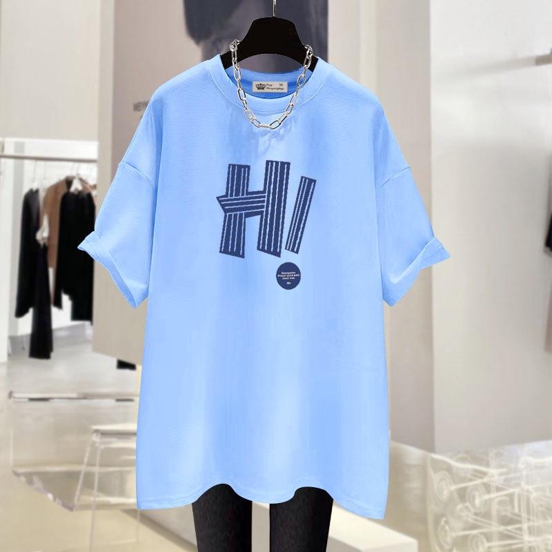 Neuer Sommer Koreanischer Stil Hong Kong Stil Design Buchstaben Trendige Große Version Locker Grau Kurzarm T-Shirt für Damen Mittellang