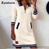 New Women's Spring Autumn Casual Zipper Long Sleeve Hoodie Dress Color Block Midi Skirt