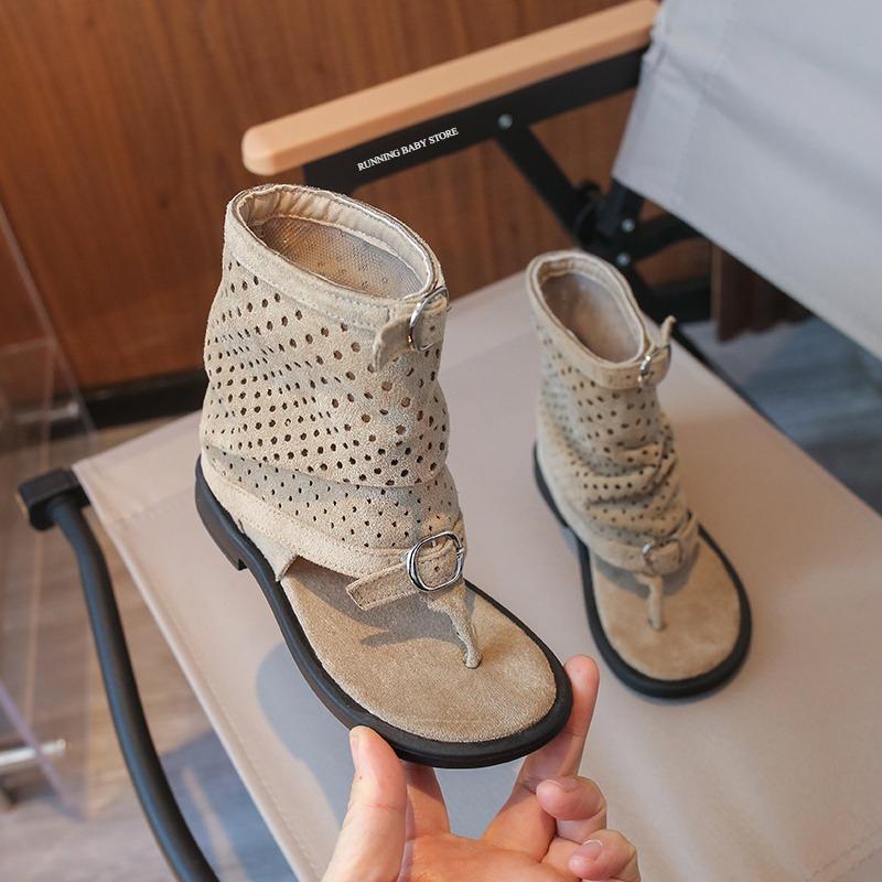 

Ankle-strap Summer Slouchy Boots for Girls Suede Leather High-top Sandals Princess Cut-outs Flip Flop Dress Shoes Child J03203 26 абрикосовий