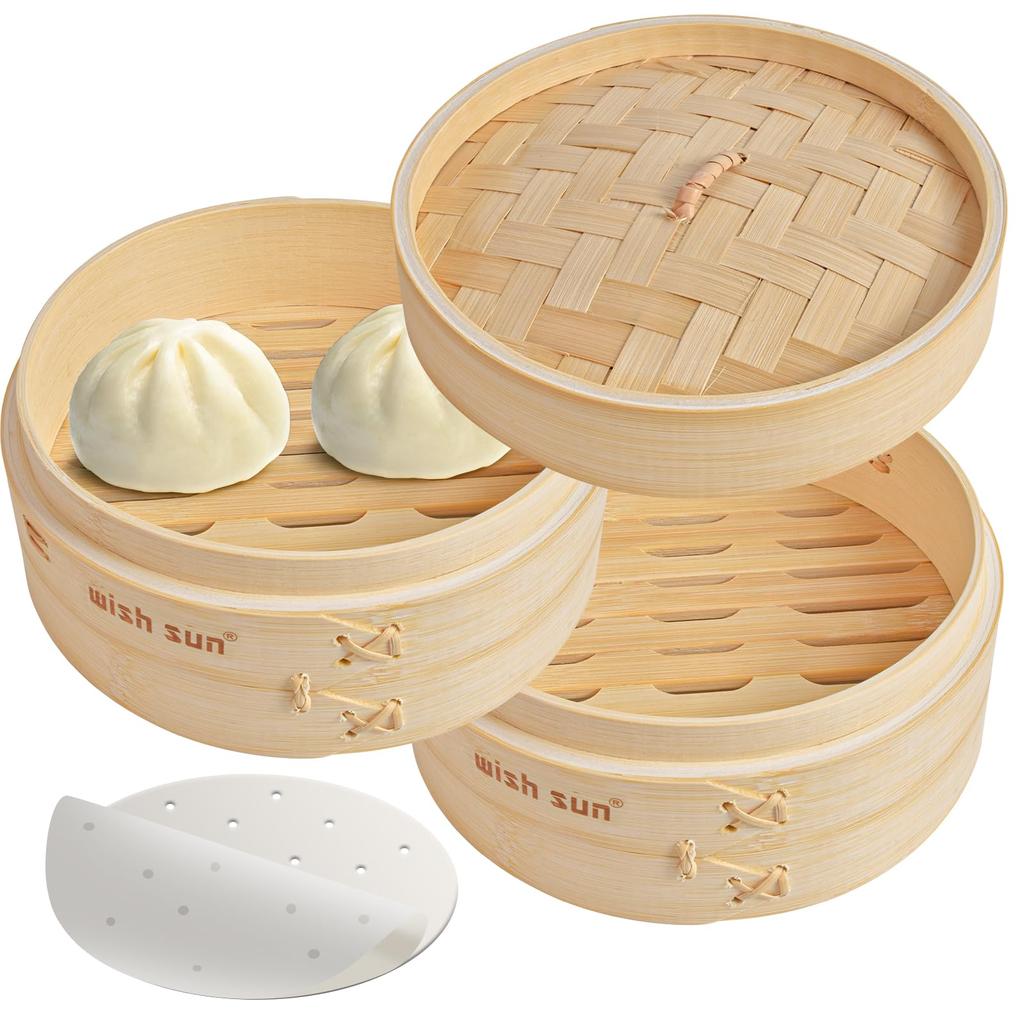 WISH SUN Bamboo Steamer 2 Chinese Natural Steamed Set of 50 Sheets for No Pot Steamer, Steamer, Steamer, Tiers, Steamer, Bamboo, Dishes, Xiaolongbao,