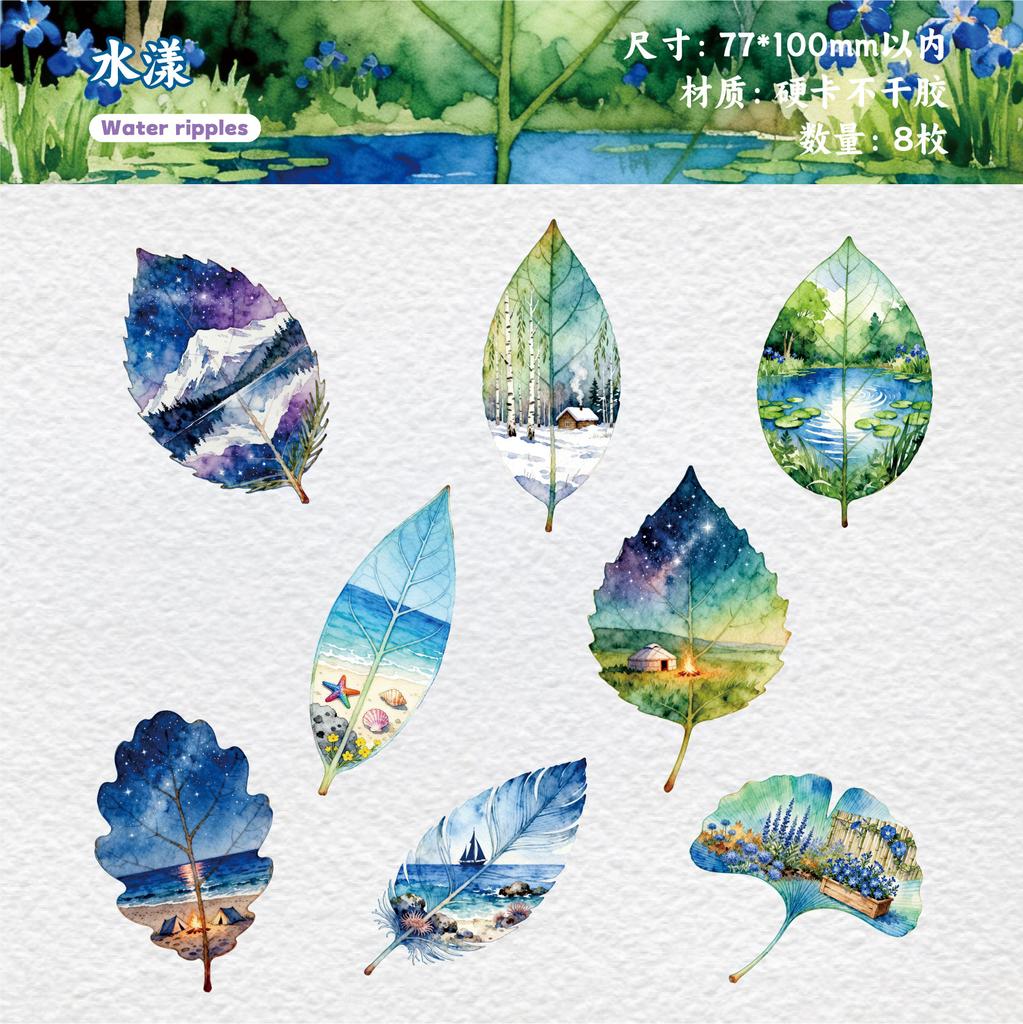 8Pcs Pack Leaf Landscape Creative Sticker Pack Fresh Healing Journal Collage Decor Decals