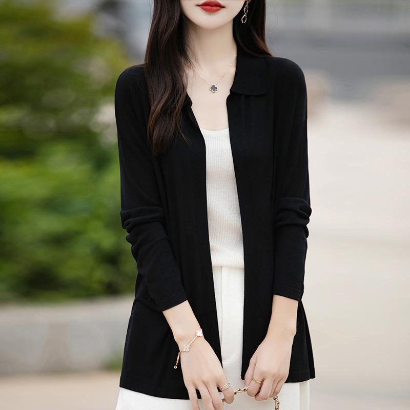 

16-контактный кардиган-шаль средней длины на лацкане, ультратонкий вязаный кардиган свободного большого размера для женщин на начало осени XXL