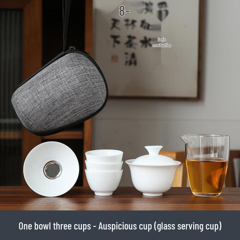 Dehua White Porcelain Travel Kung Fu Tea Set with Bag: 1 Bowl, 4 Cups, Glass Quick Cup, Gift Option, Customizable Logo.