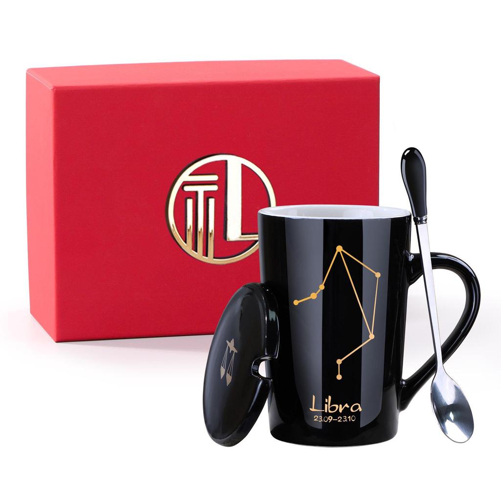 Kreatywny ceramiczny kubek - konstelacje zodiakalne z pokrywką i łyżeczką, idealny prezent dla par