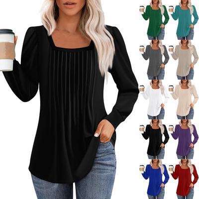 Langarmshirts für Damen, Oberteile, elegante, lässige Blusen, plissierte, quadratische Tunika-Oberteile mit Rundhalsausschnitt