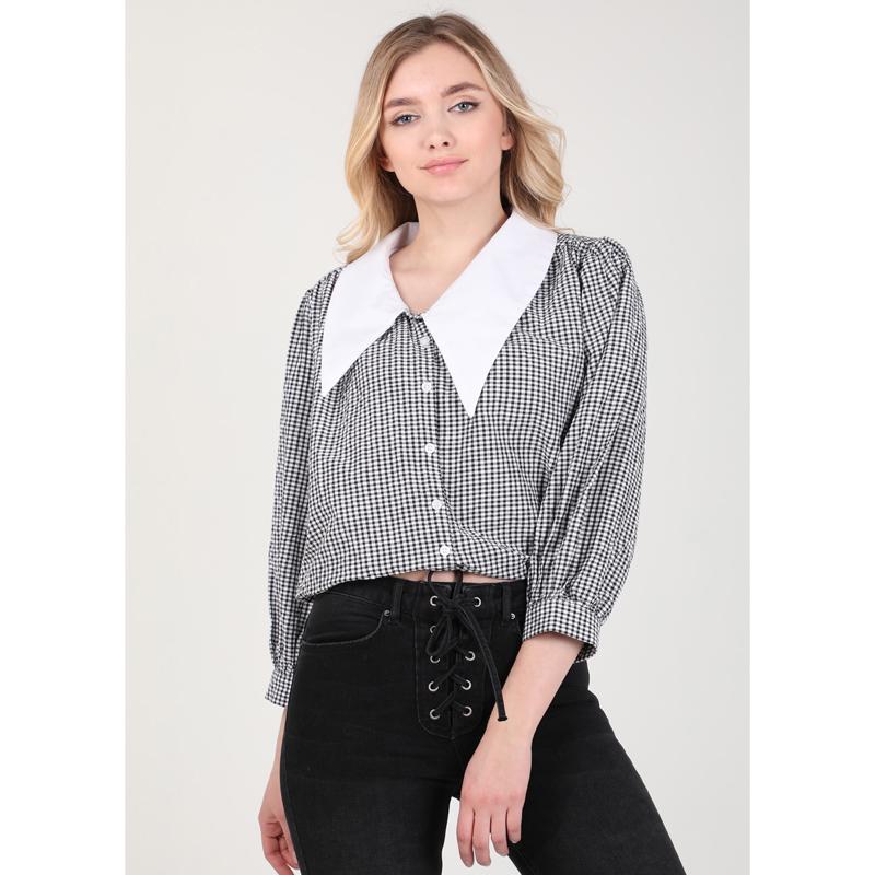

Женская рубашка с воротником-стойкой Черно-белая рубашка в мелкую клетку