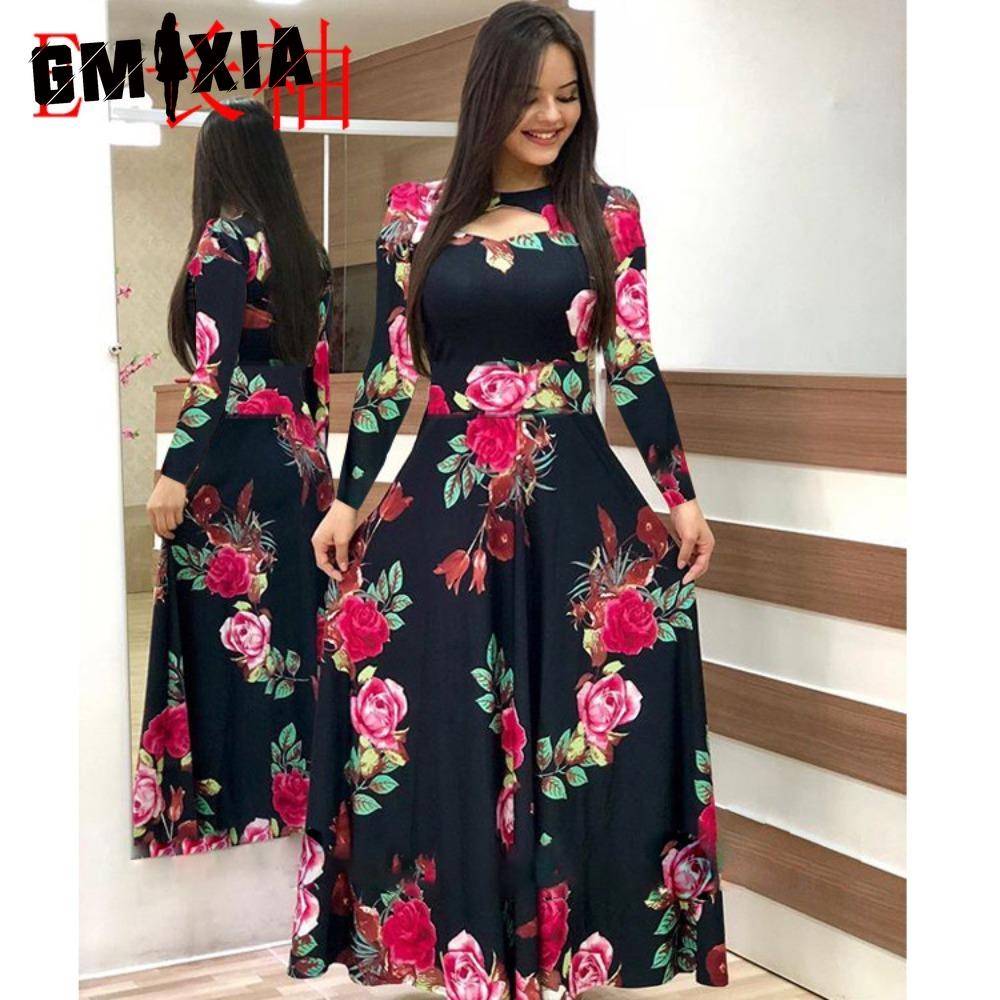 

GMXIA Богемное платье с цветочным принтом, с длинным рукавом, женское, весна-осень, длинные платья, круглый вырез, большой клёш XXXXXL