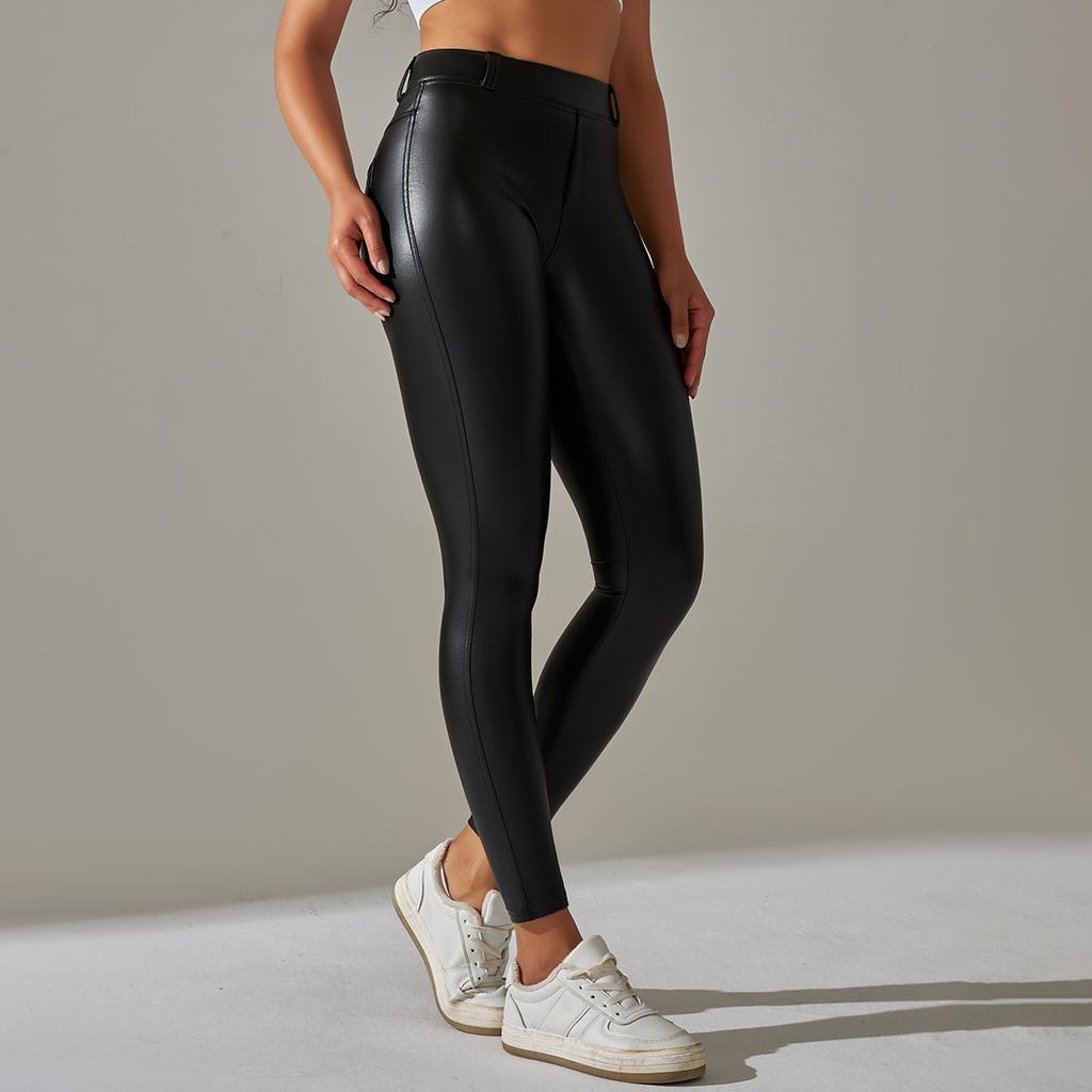 Pantaloni din piele PU de buzunar Tummy Tuck Pantaloni de yoga cu talie înaltă Niners din plastic