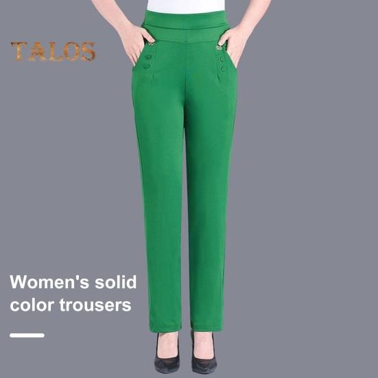

Женские летние брюки с эластичным поясом и высокой талией, повседневные брюки, сплошной цвет, дизайн с карманами, прямые тонкие брюки, брюки для отдыха среднего возраста