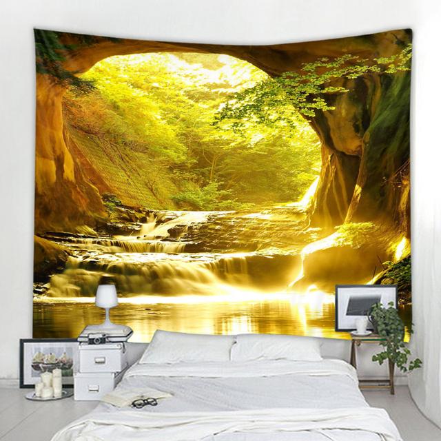 Wunderschöner Höhlen-Wasserfall-Digitaldruck, Wandbehang, Hippie-Wandteppich, Polyesterstoff, Heimdekoration, Wandteppich