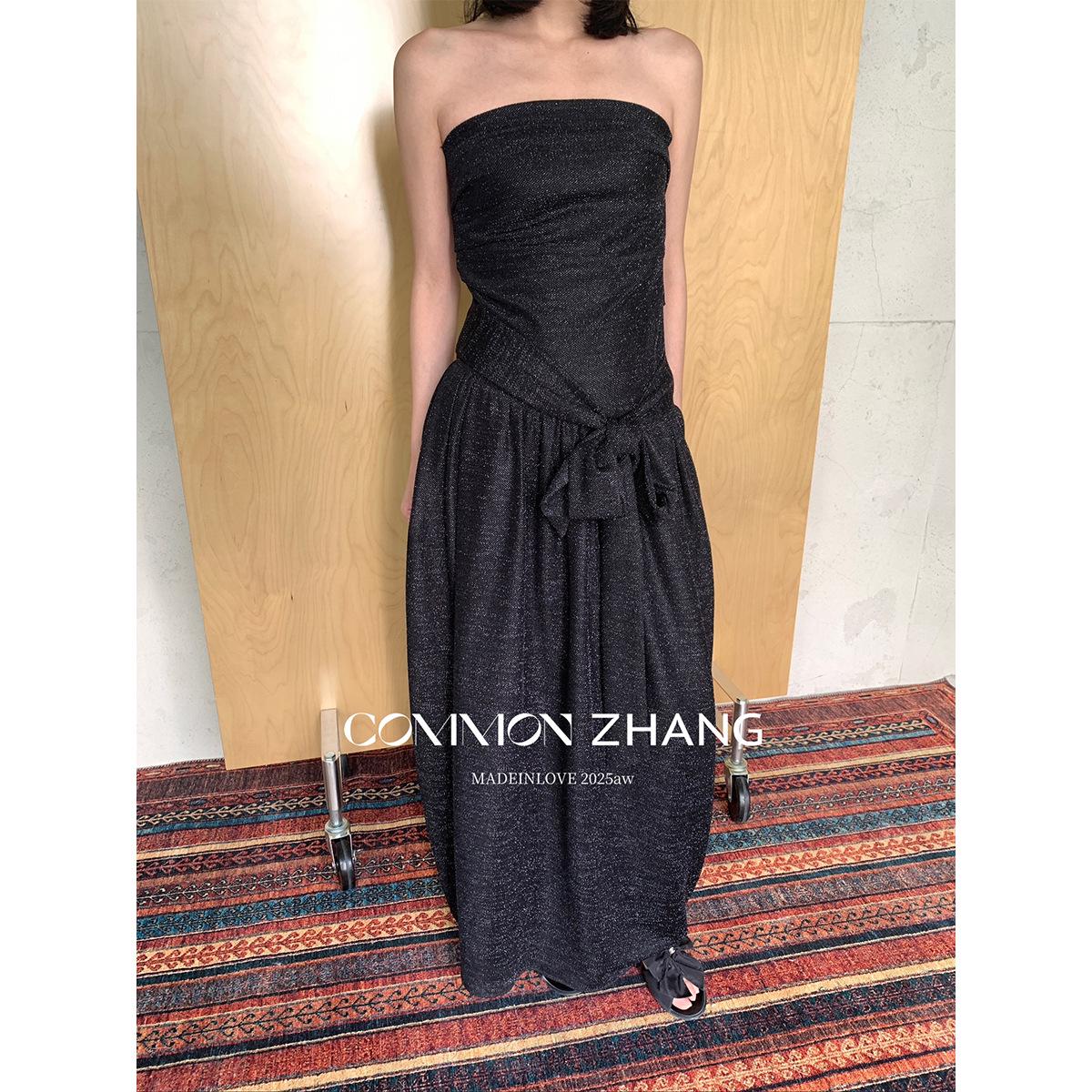 

CZ ZHANG Strapless Sequin Dress with Waist Tie and Bow - Women s Long Evening Gown B46335 Large чорний