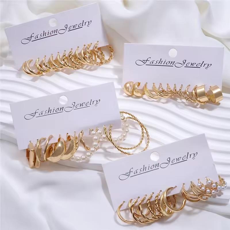 6/24 Pairs Gold Color Vintage Hoop Earrings Set for Women Girl Imitation Pearl Geometric Metal Twist Earring Fashion Jewelry