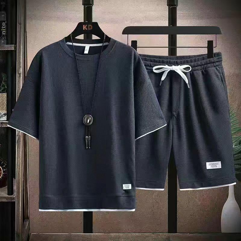 Hong Kong Style Waffle Casual Couple Suit with Loose Five-Point Shorts and Short-Sleeved Two-Piece