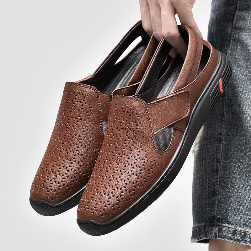 Men'S Shoes Genuine Leather Trending Summer Casual Shoes Men Breathable Outdoor Luxury Sandals Man Non-Slip Beach Brand Loafers