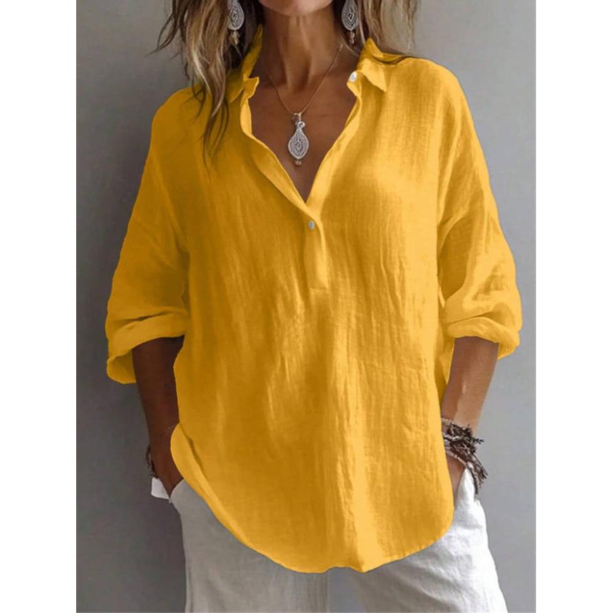 Spring Summer Women's White Shirt Casual Linen Blend Solid Color Loose Long-Sleeved V-Neck Lapel Blouses for Female