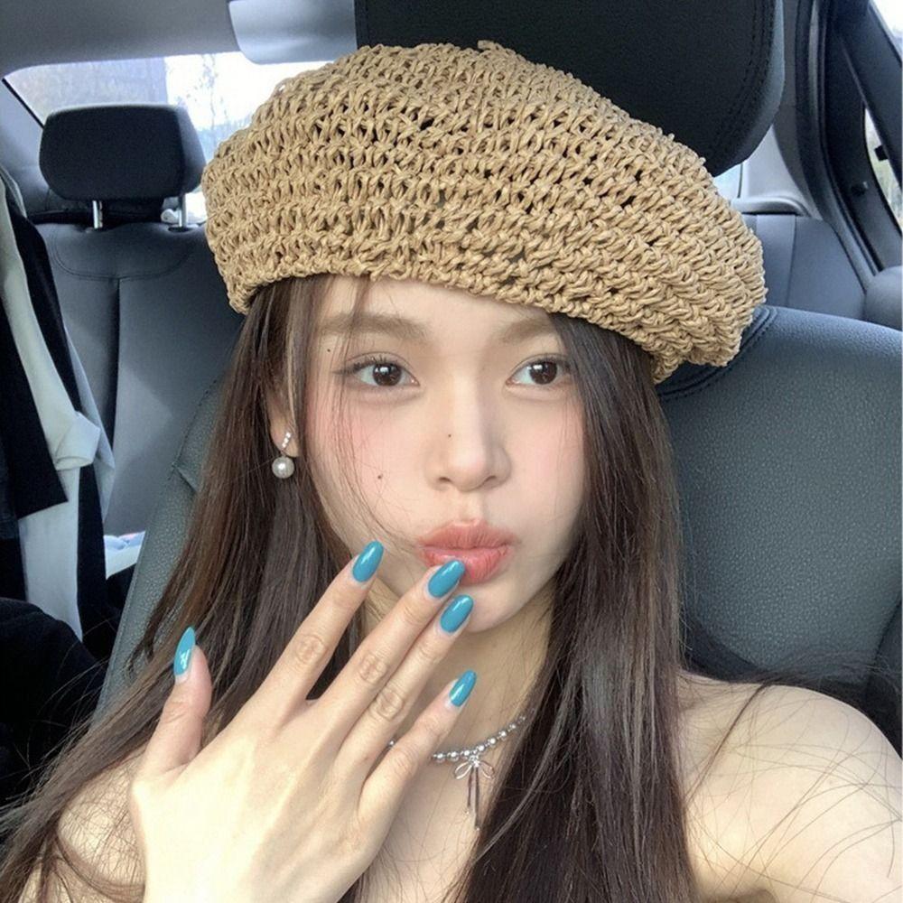 

Summer Weave Cap Handmade Painter Hat Popular Straw Beret Women бежевий