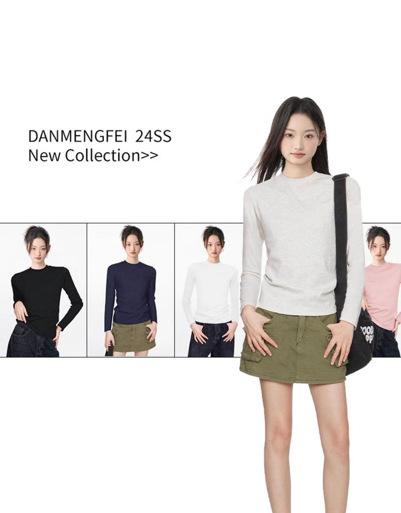 American-Style Women's White Round Neck Slim Fit Long Sleeve Base Layer Top for Spring/Autumn