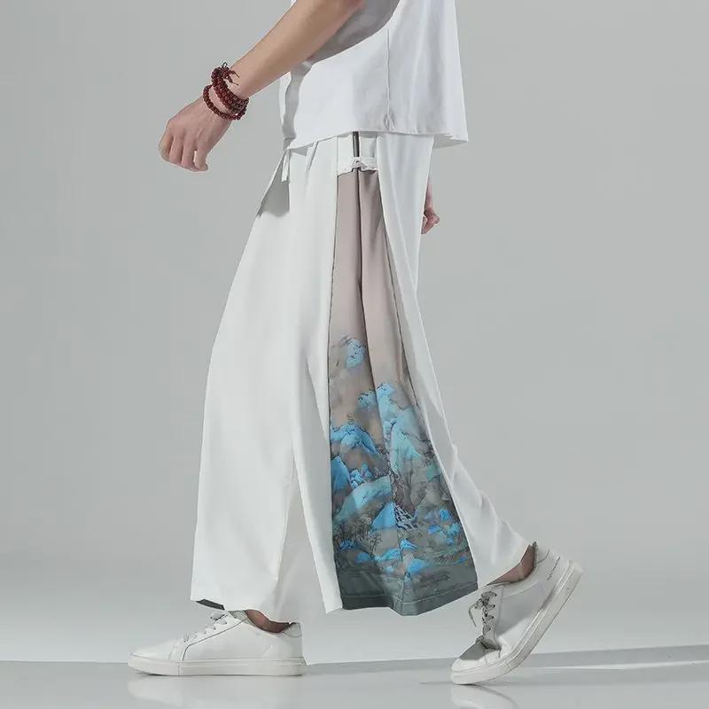 Men's Summer Ice Silk Hanfu Pants: Ancient Style Nine-Point with Chinese Print and Pendant Details.