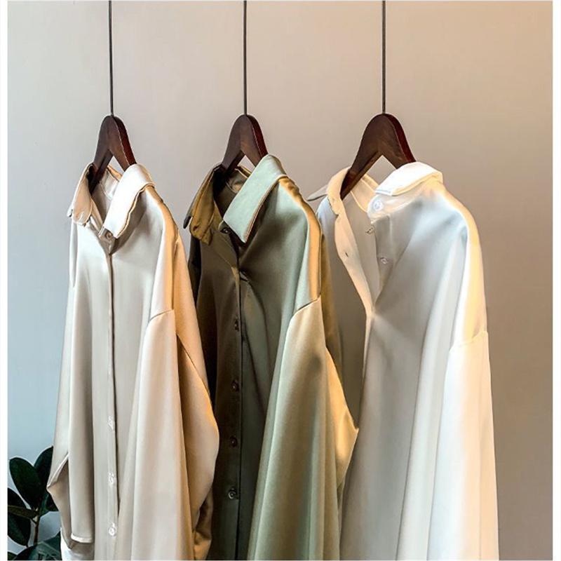 Frühling Herbst Revers Satin Blusen Solide Weiß Langarm Shirt Damen Büro Bluse Fashion Top