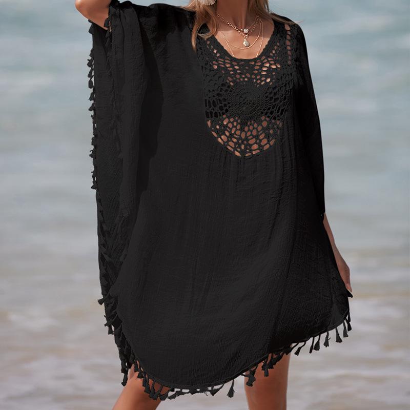 Cross-border Holiday Crochet Patchwork Tassel Beach Skirt and Sun Protection Cardigan Cover-up