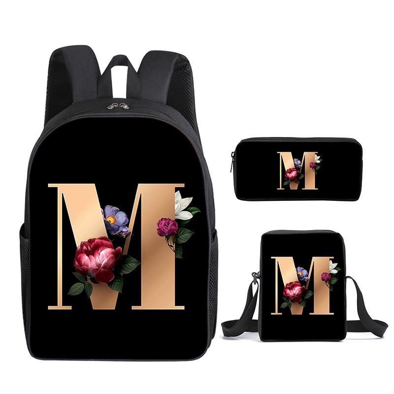 Fashion Novelty Flower letters A-Z 3D Print 3pcs/Set pupil School Bags Laptop Daypack Backpack Inclined shoulder bag Pencil Case