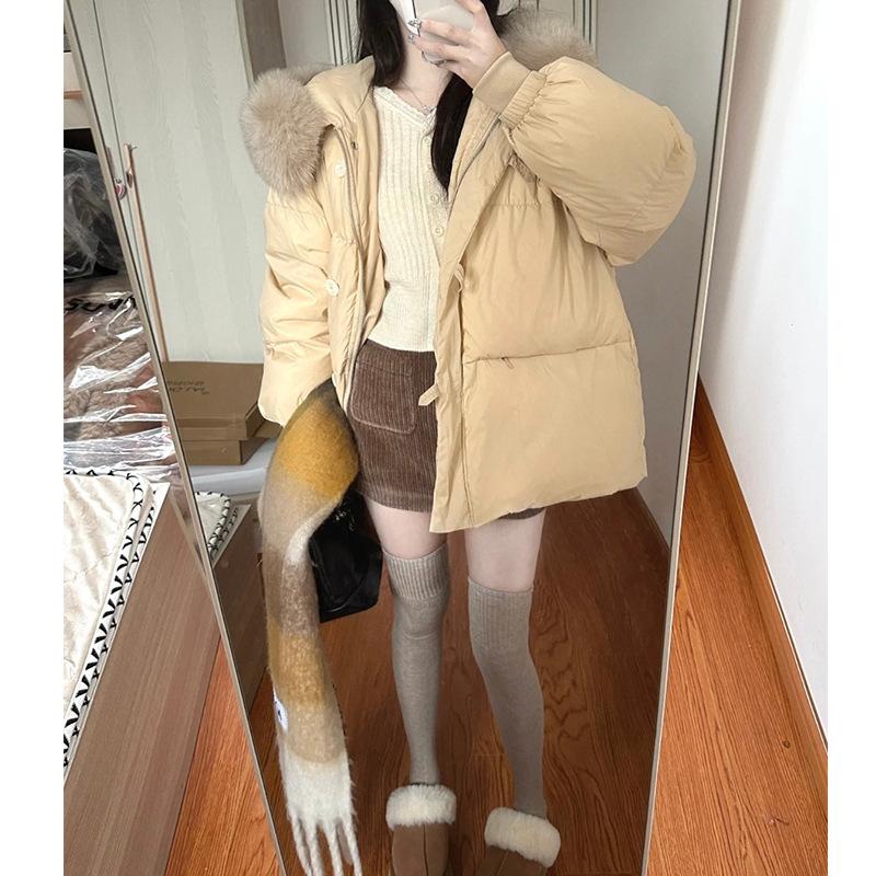 Milk Yellow Hooded Big Fur Collar Down Jacket Women's Winter Foreign Style Small Man 90 White Duck Down Thickened Bread Jacket