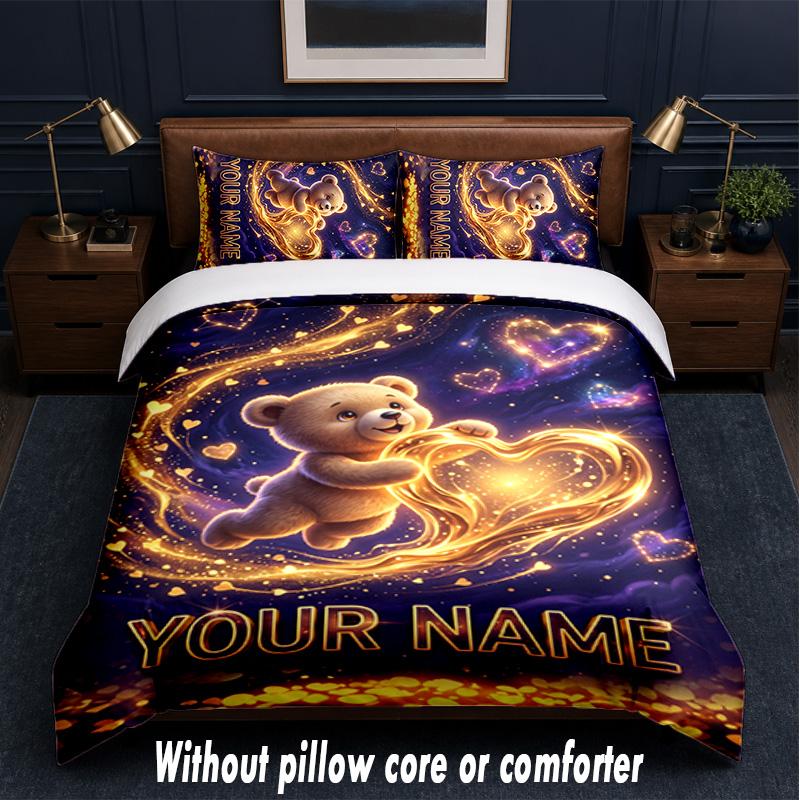 Teddy Bear Theme Custom Text Or Name 3Pcs Bedding Set,1 Flat Sheet & 2 Pillowcases Personalized Home Bedding