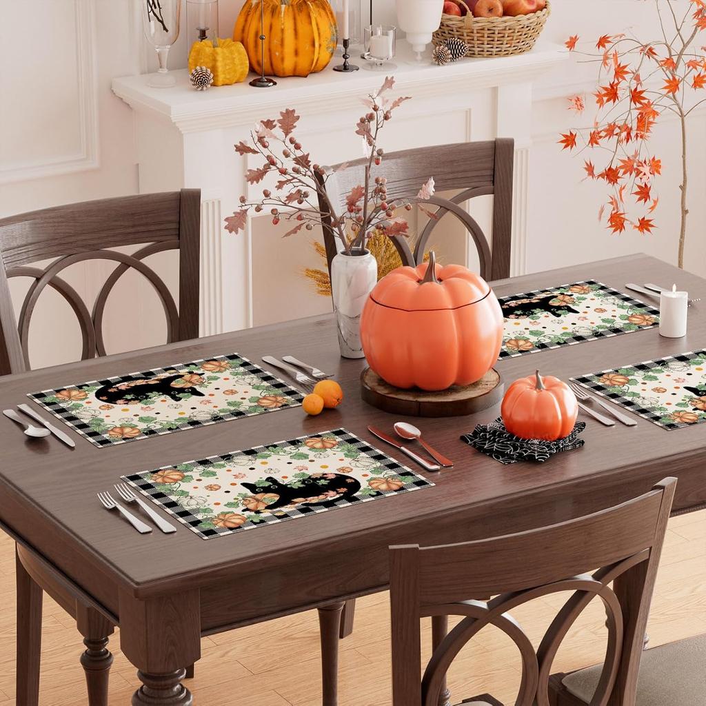 XCHI Fall Black Cat Pumpkin Plaid Placemats Set of 4 Table Mats for Party Home Kitchen Dining Table Decorations 12x18 Inch
