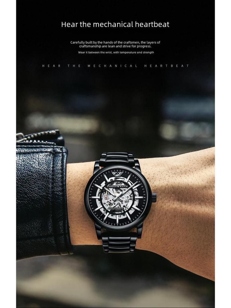 Popular Men's Black Warrior Hollow Mechanical Watch - Stylish, Waterproof, Luminous, Automatic