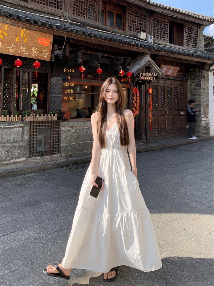 Elegant 2026 Summer White French Fairy Strappy Beach Dress - Women's Slimming Long Skirt