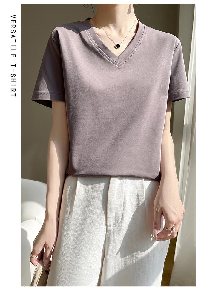 High-Quality Women's V-Neck Short-Sleeve Mercerized Cotton T-Shirt: Non-See-Through, Casual, Sweat-Absorbent, Breathable, Versatile Fit.
