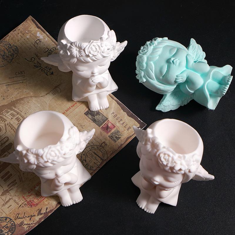 Prayer Angel Girl Flower Pot Mold Cheek-Resting Wreath Angel Prayer Flower Fairy Candlestick Plaster Silicone Mold