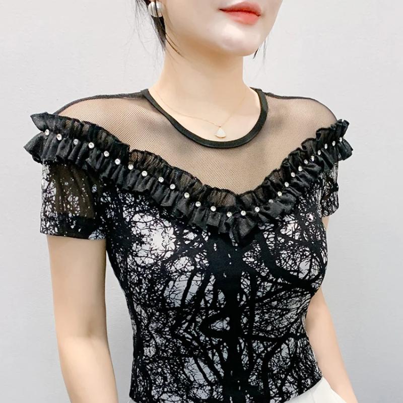 Módní letní dámské elegantní volánky s korálky tričko elegantní s krátkým rukávem s kulatým výstřihem sexy topy dámské univerzální ležérní trička