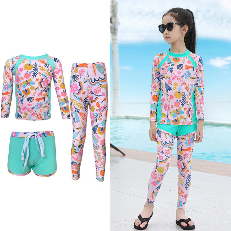 Girls  Two-Piece Long Sleeve & Pants Sun Protection Quick-Dry Swimsuit for Children & Babies - Beach & Surf Wear 3XL