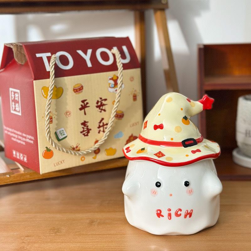 New Year Ghost Mug with Lid High Looking Cute Ceramic Water Cup Birthday Gift Coffee Cup Best Friend Gift