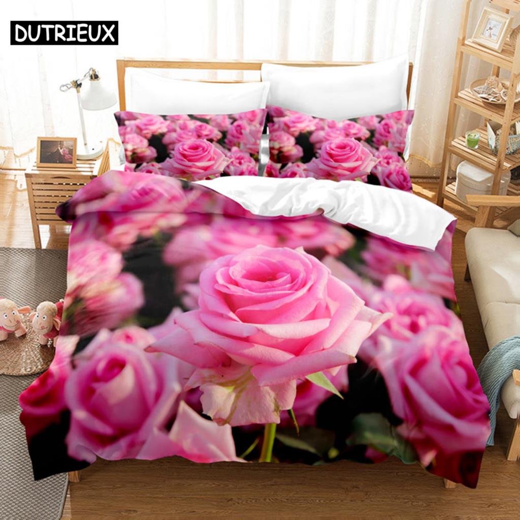 Comforter Pink Rose Bedding Set Linens Quilt Comforter 3D Pillow Case Double Full King Queen Twin Single 3Pcs 2Pcs Home Texile