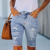 Womens Distressed Mid-Rise Denim Capri Pants Light Blue High Stretch Streetwear Casual Shorts