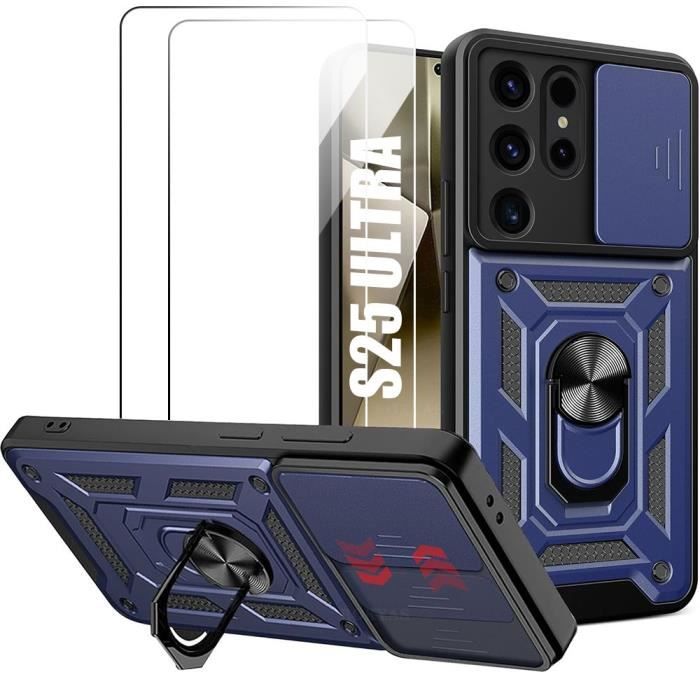 Coque et 2 Verres Trempés pour Samsung Galaxy S25 Ultra - Protection Antichoc avec Cache Caméra Anti-Rayures Rigide - Bleu Marine