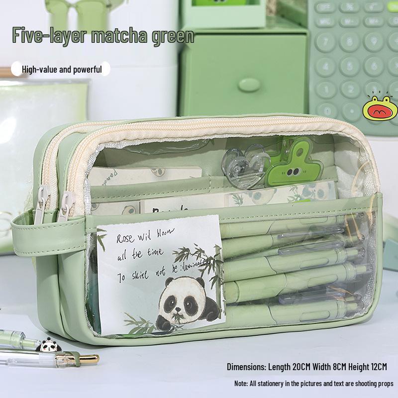 Three-Layer Large Capacity Transparent Pencil Case for Girls - Morandi Style for Students