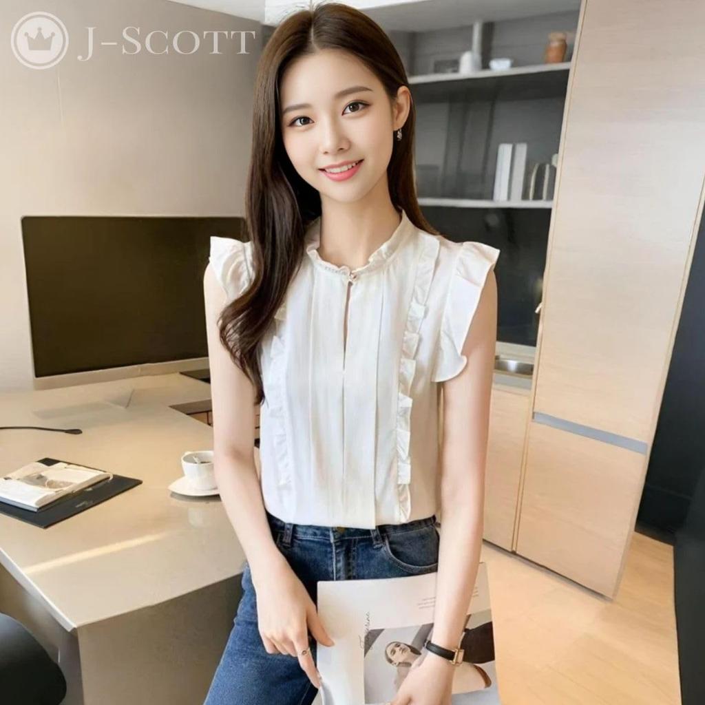 J-Scott JS72-WH-M Chiffon Frill Blouse with Button Front, Slit Neck, Frill Sleeves, and Sleeveless Design, Cool White
