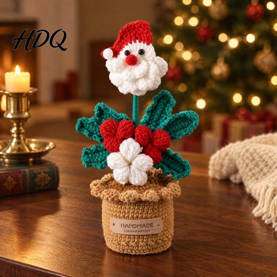 Desktop Ornament for Shelf Crochet Potted Santa Plant Handmade Christmas Ornament Decorative Desk Accessories Flower Plant Home Office Bookshelf