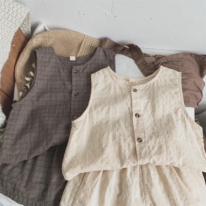 Korean  Children's Set Dark Checkered Sleeveless Vest Shorts Set Two-piece Set Summer